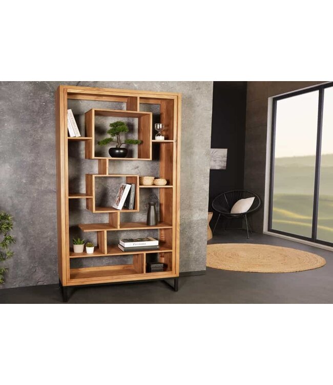 Invicta Interior Massief houten boekenkast CUBUS 190 cm acaciahoningafwerking metalen poten zwarte staande plank - 43742