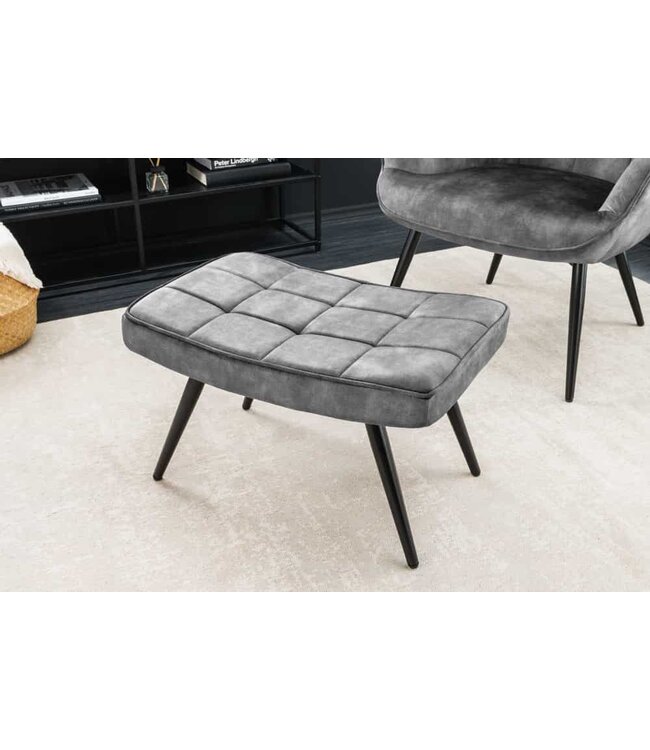 Invicta Interior Moderne kruk SCANDINAVIA grijs fluweel zwarte metalen poten voetenbank - 44026