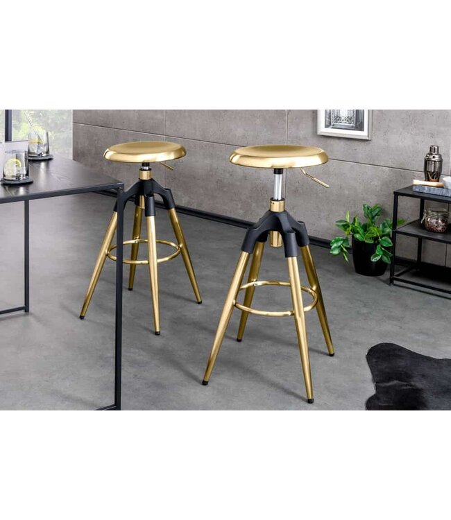 Invicta Interior In hoogte verstelbare barkruk INDUSTRIAL goud zwart metaal rond draaibaar industrieel design - 43654