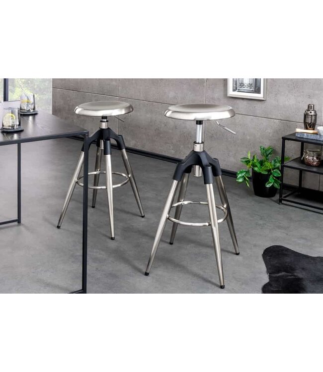 Invicta Interior In hoogte verstelbare barkruk INDUSTRIAL geborsteld chroom zilver zwart metaal rond draaibaar - 43655