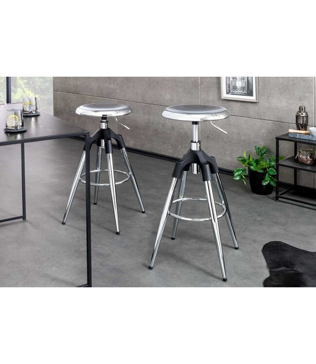 Invicta Interior In hoogte verstelbare barkruk INDUSTRIAL chroom zilver zwart metaal rond draaibaar - 43656