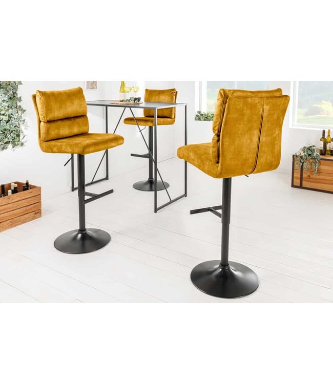 Invicta Interior In hoogte verstelbare barkruk COMFORT mosterdgeel fluweel draaibaar met zwart metalen rugleuning - 43652