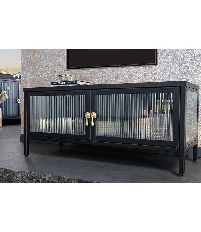 Invicta Interior Moderne TV Lowboard AMSTERDAM 90cm Zwart Goud Dammen Glas Metalen Vitrinekast - 43536