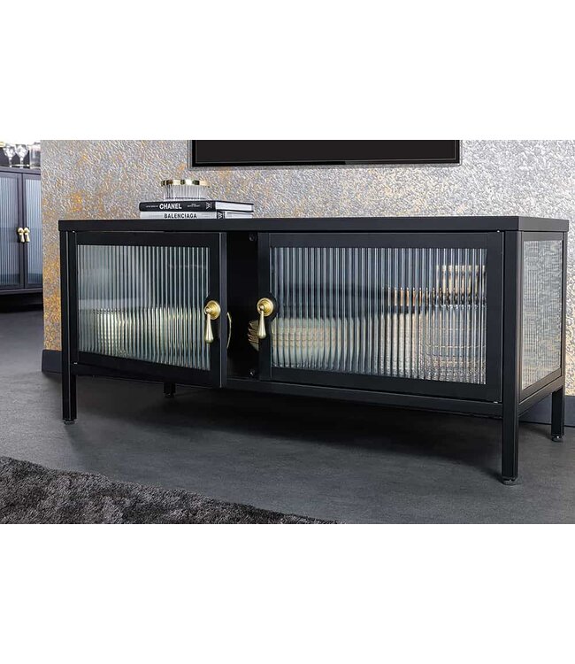 Invicta Interior Moderne TV Lowboard AMSTERDAM 90cm Zwart Goud Dammen Glas Metalen Vitrinekast - 43536