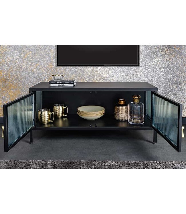 Invicta Interior Moderne TV Lowboard AMSTERDAM 90cm Zwart Goud Dammen Glas Metalen Vitrinekast - 43536