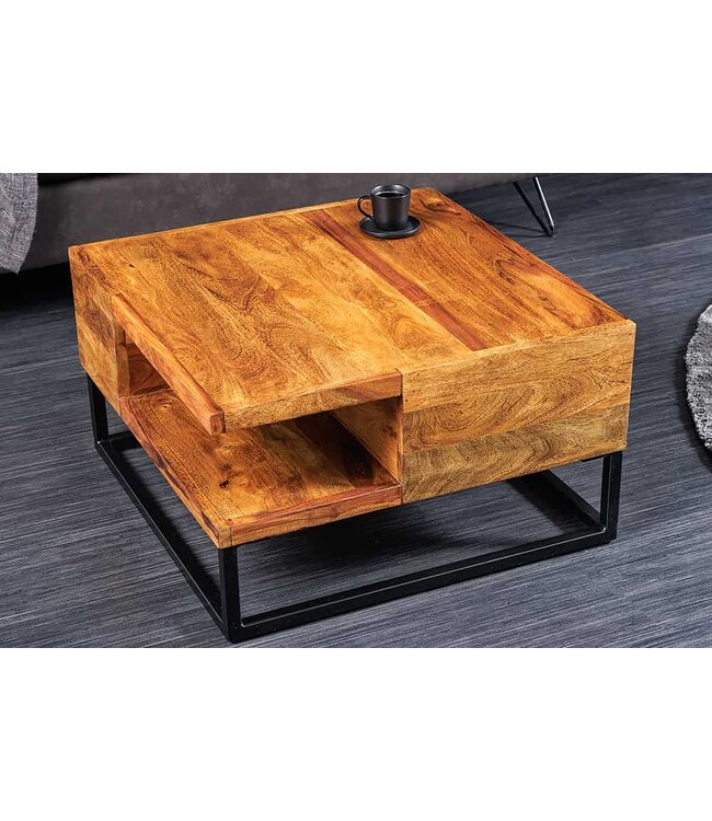 Invicta Interior Massief houten salontafel GIANT 60 cm bruin sheesham stone afwerking metaal zwarte plank - 43750