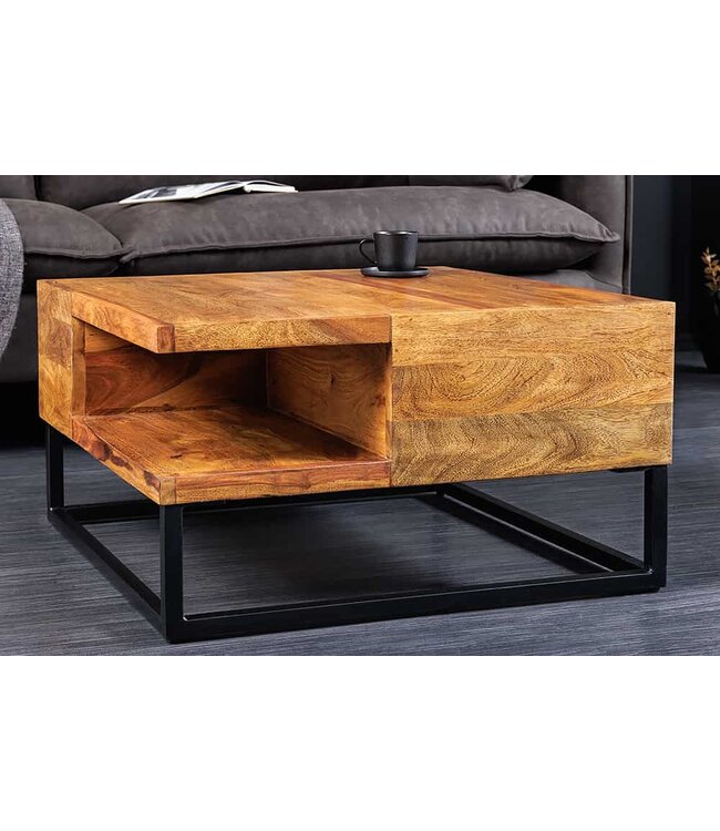 Invicta Interior Massief houten salontafel GIANT 60 cm bruin sheesham stone afwerking metaal zwarte plank - 43750