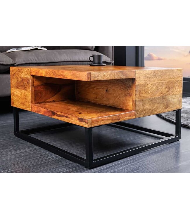 Invicta Interior Massief houten salontafel GIANT 60 cm bruin sheesham stone afwerking metaal zwarte plank - 43750