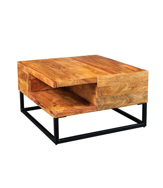 Invicta Interior Massief houten salontafel GIANT 60 cm bruin sheesham stone afwerking metaal zwarte plank - 43750