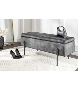 Invicta Interior Moderne kistbank LOFT 100 cm grijze fluwelen bank met opbergruimte Gewatteerd zwart metaal - 44328