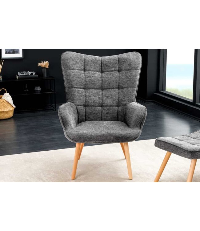 Invicta Interior Moderne fauteuil SCANDINAVIA grijze structuurstof massief houten poten met armleuningen - 44023