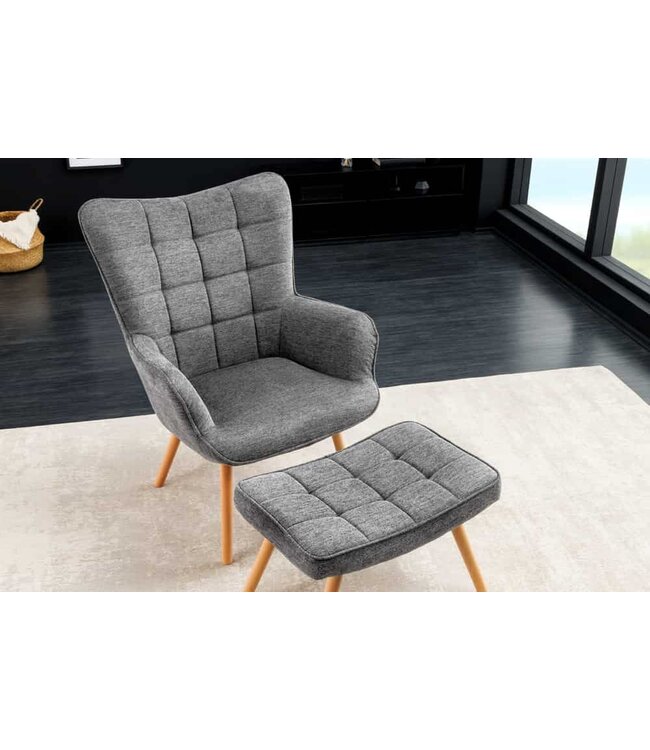 Invicta Interior Moderne fauteuil SCANDINAVIA grijze structuurstof massief houten poten met armleuningen - 44023