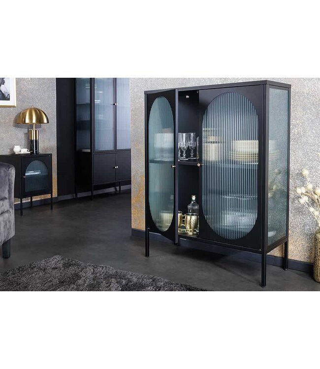 Invicta Interior Moderne vitrinekast PARIS 110cm Zwart Goud Geruit Glas Metaal Dressoir Kabinet - 43331