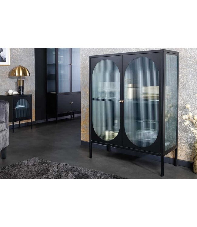 Invicta Interior Moderne vitrinekast PARIS 110cm Zwart Goud Geruit Glas Metaal Dressoir Kabinet - 43331