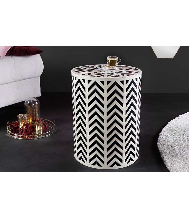 Invicta Interior Bone Inleg Bijzettafel HARMONY NATURE 45cm Rond Wit Zwart Ingelegd Arts & Crafts - 43660