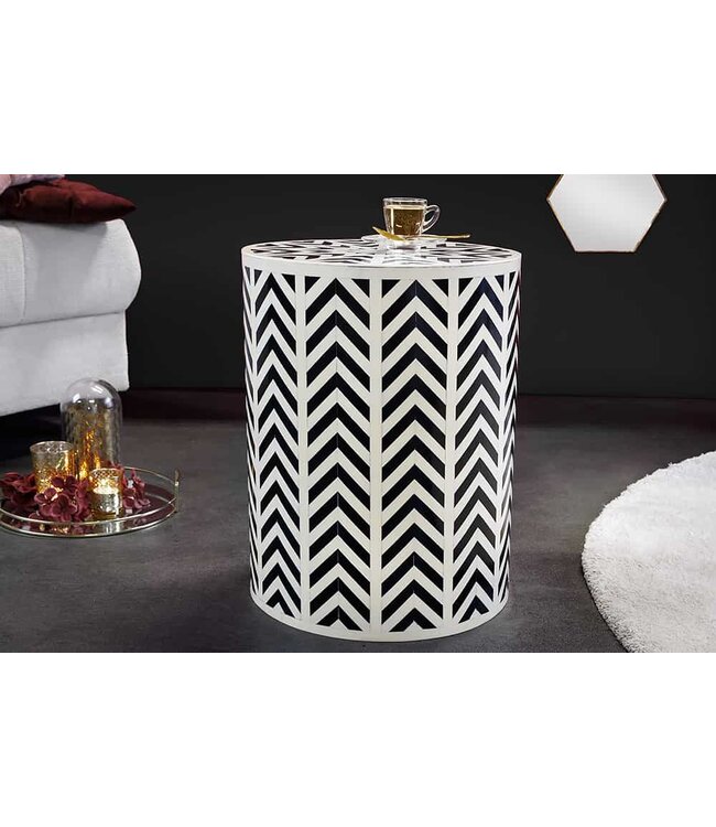 Invicta Interior Bone Inleg Bijzettafel HARMONY NATURE 45cm Rond Wit Zwart Ingelegd Arts & Crafts - 43660