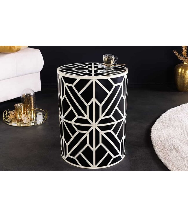 Invicta Interior Bone Inleg Bijzettafel HARMONY NATURE 45cm Rond Zwart Wit Ingelegd Arts & Crafts - 43661