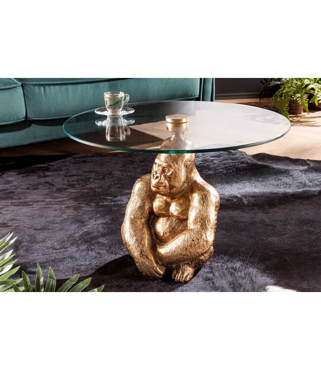 Invicta Interior Ronde salontafel WILDLIFE KONG 60cm goud metaal glazen aap beeldje gorilla sculptuur handgemaakt - 43518