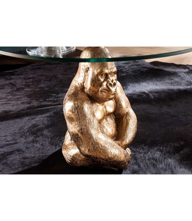 Invicta Interior Ronde salontafel WILDLIFE KONG 60cm goud metaal glazen aap beeldje gorilla sculptuur handgemaakt - 43518
