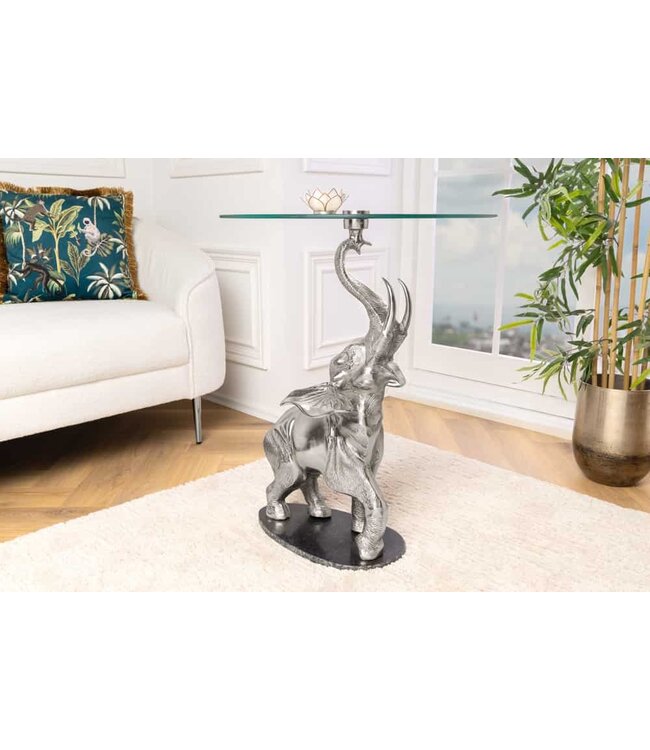 Invicta Interior Ronde Bijzettafel ELEPHANT 80cm Zilver Metaal Glas Marmeren Sculptuur Handgemaakt - 43557
