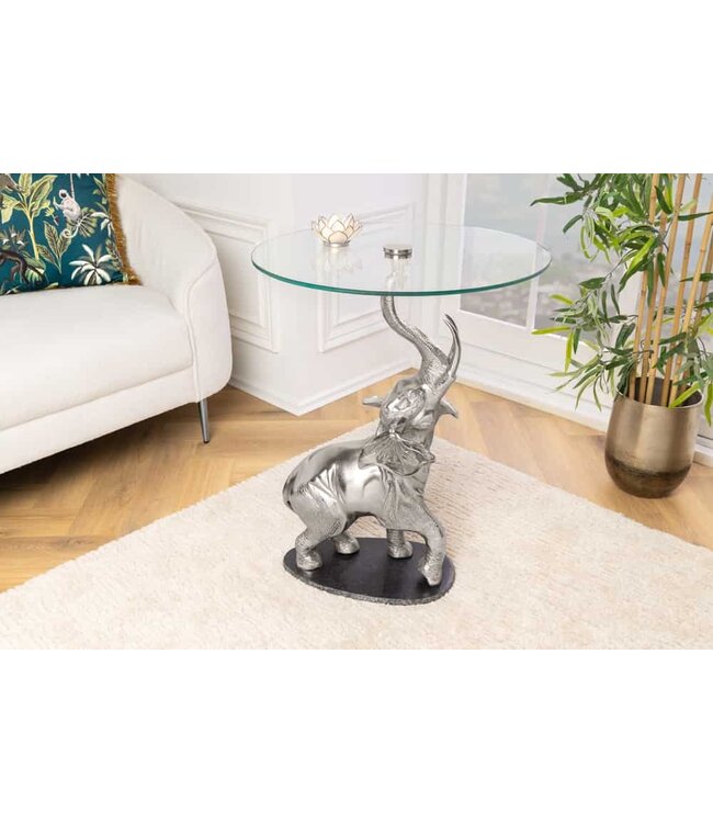 Invicta Interior Ronde Bijzettafel ELEPHANT 80cm Zilver Metaal Glas Marmeren Sculptuur Handgemaakt - 43557