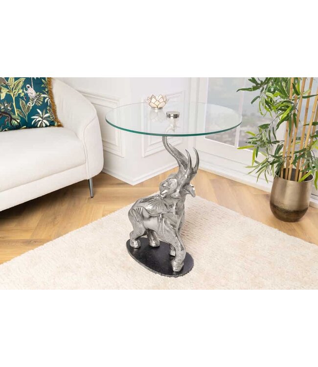Invicta Interior Ronde Bijzettafel ELEPHANT 80cm Zilver Metaal Glas Marmeren Sculptuur Handgemaakt - 43557