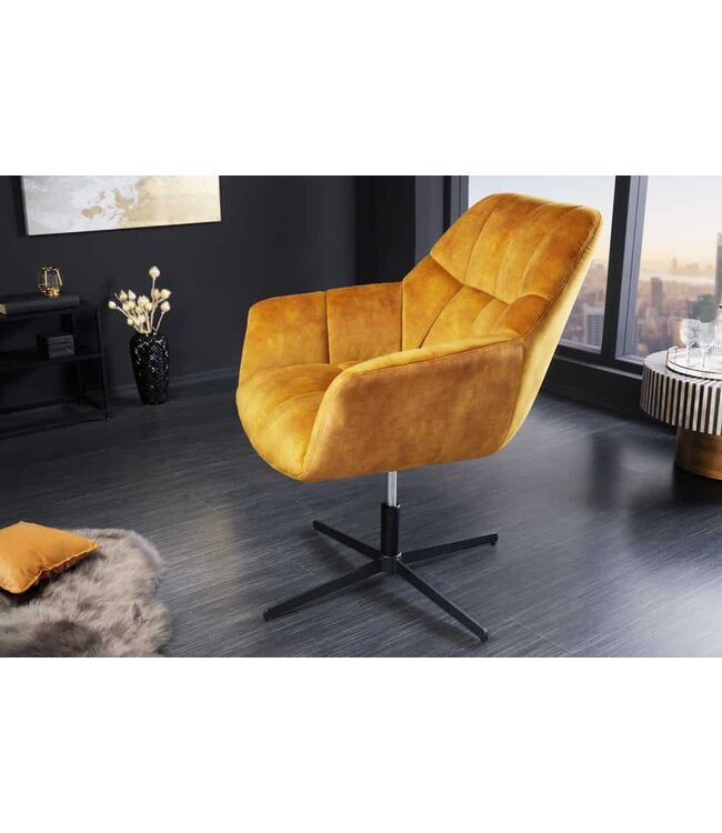 Invicta Interior Draaifauteuil PAPILLON mosterdgeel fluweel zwart metaal in hoogte verstelbaar met armleuning - 44228