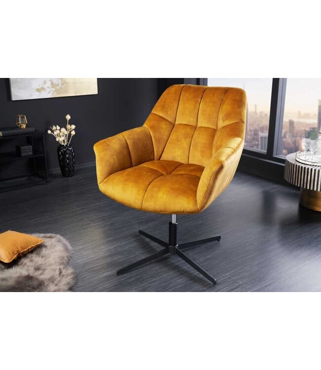 Invicta Interior Draaifauteuil PAPILLON mosterdgeel fluweel zwart metaal in hoogte verstelbaar met armleuning - 44228