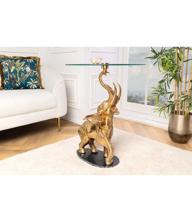 Invicta Interior Ronde bijzettafel ELEPHANT 80cm goud metaal glas marmeren sculptuur handgemaakt - 43558