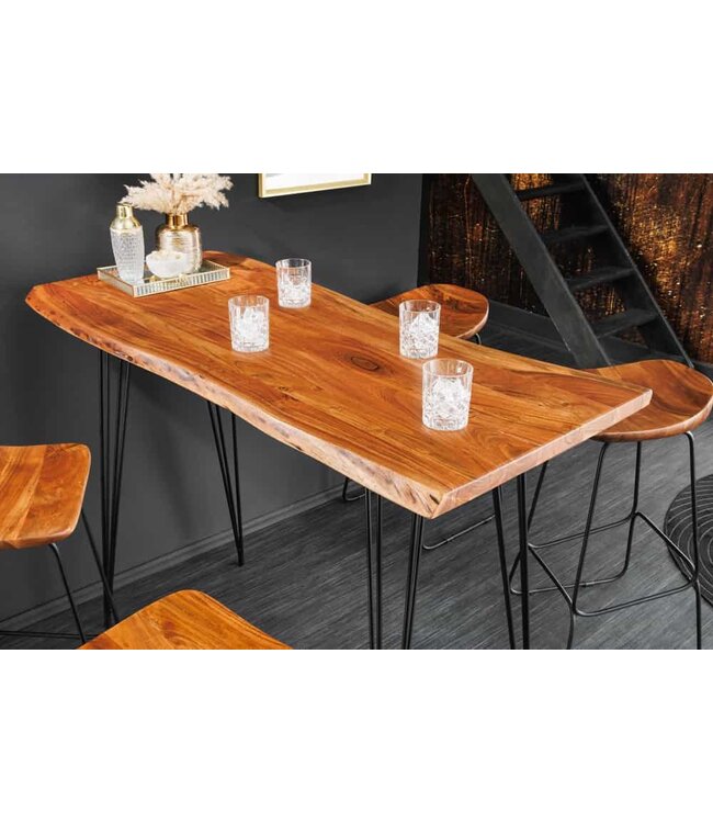Invicta Interior Massief houten bartafel MAMMUT 140 cm natuurlijke acaciaboomrand metaal zwarte haarspeldpoten - 43670