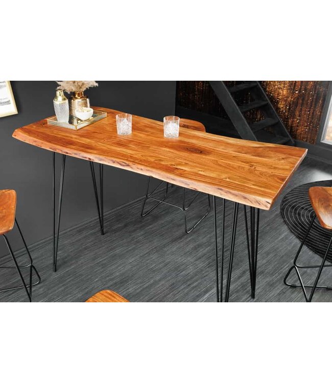 Invicta Interior Massief houten bartafel MAMMUT 140 cm natuurlijke acaciaboomrand metaal zwarte haarspeldpoten - 43670