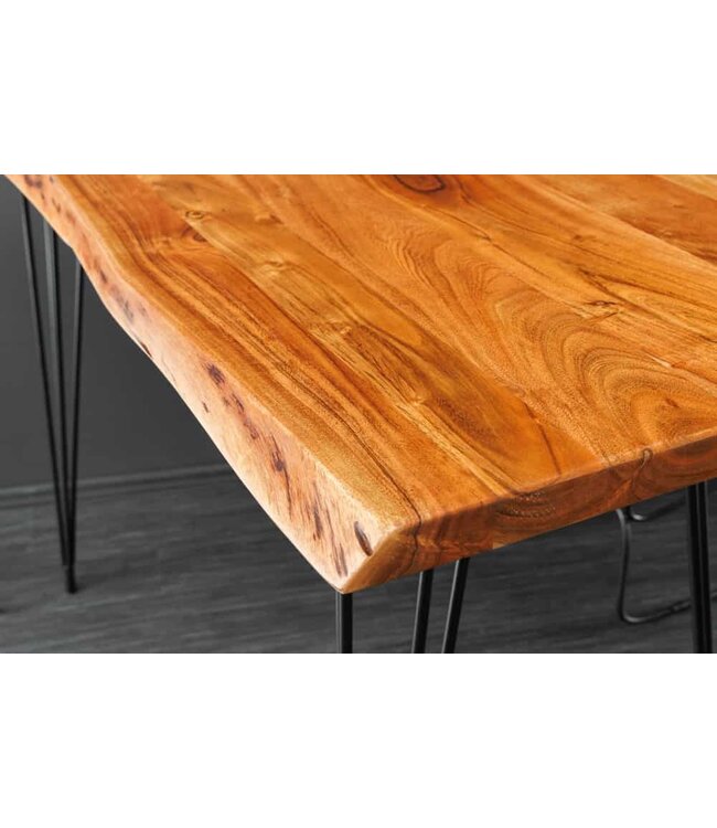 Invicta Interior Massief houten bartafel MAMMUT 140 cm natuurlijke acaciaboomrand metaal zwarte haarspeldpoten - 43670