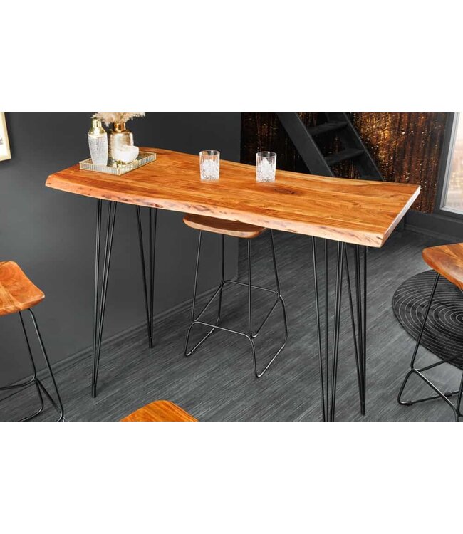 Invicta Interior Massief houten bartafel MAMMUT 140 cm natuurlijke acaciaboomrand metaal zwarte haarspeldpoten - 43670