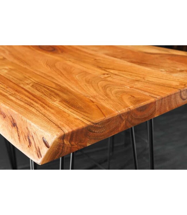Invicta Interior Massief houten bartafel MAMMUT 140 cm natuurlijke acaciaboomrand metaal zwarte haarspeldpoten - 43670