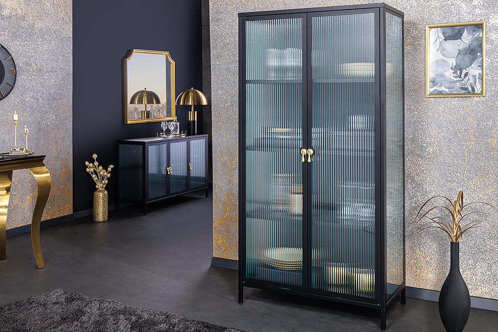 Moderne vitrine AMSTERDAM 160cm zwart goud geribbeld glazen metalen highboardkast - 43533