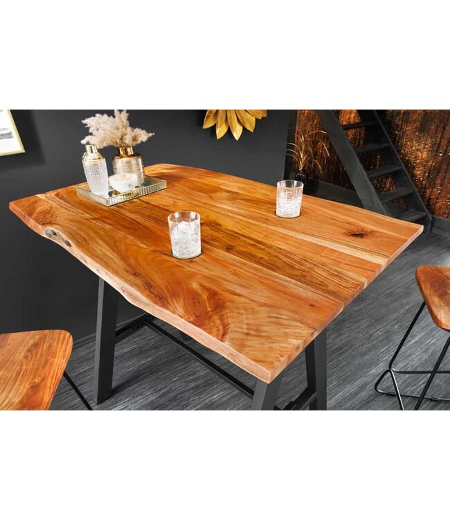 Invicta Interior Massief houten bartafel MAMMUT 120cm natuurlijke acaciaboom rand metaal zwart met voetsteun - 43672