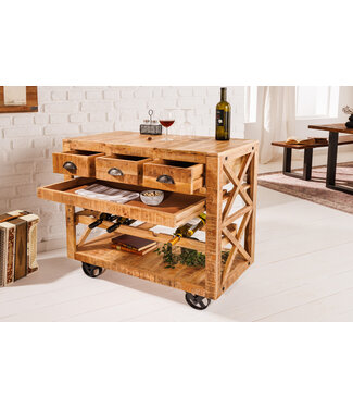 Invicta Interior Industriële barkast BODEGA 86 cm mangohouten serveerwagen met wijnrek - 42379