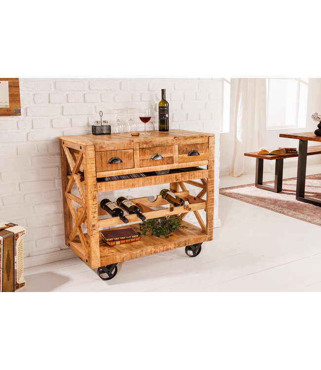 Invicta Interior Industriële barkast BODEGA 86 cm mangohouten serveerwagen met wijnrek - 42379