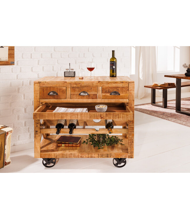 Invicta Interior Industriële barkast BODEGA 86 cm mangohouten serveerwagen met wijnrek - 42379