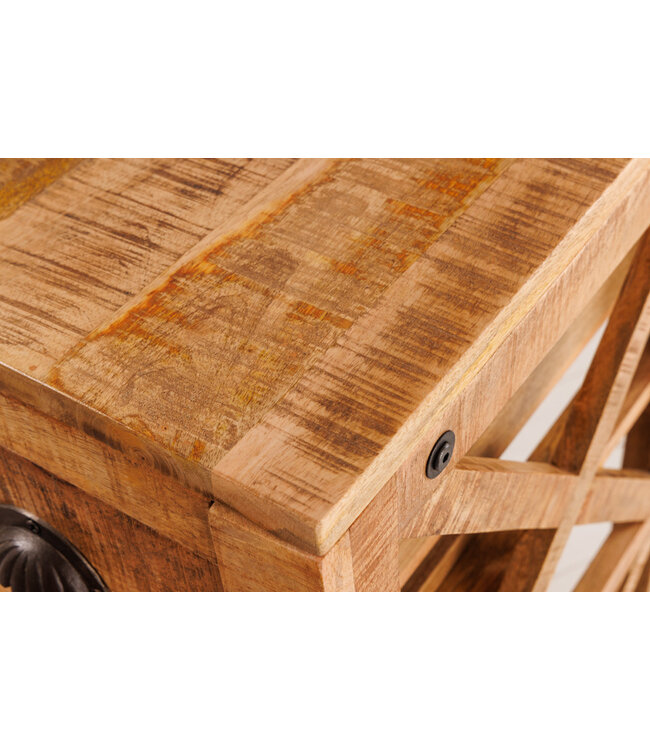 Invicta Interior Industriële barkast BODEGA 86 cm mangohouten serveerwagen met wijnrek - 42379