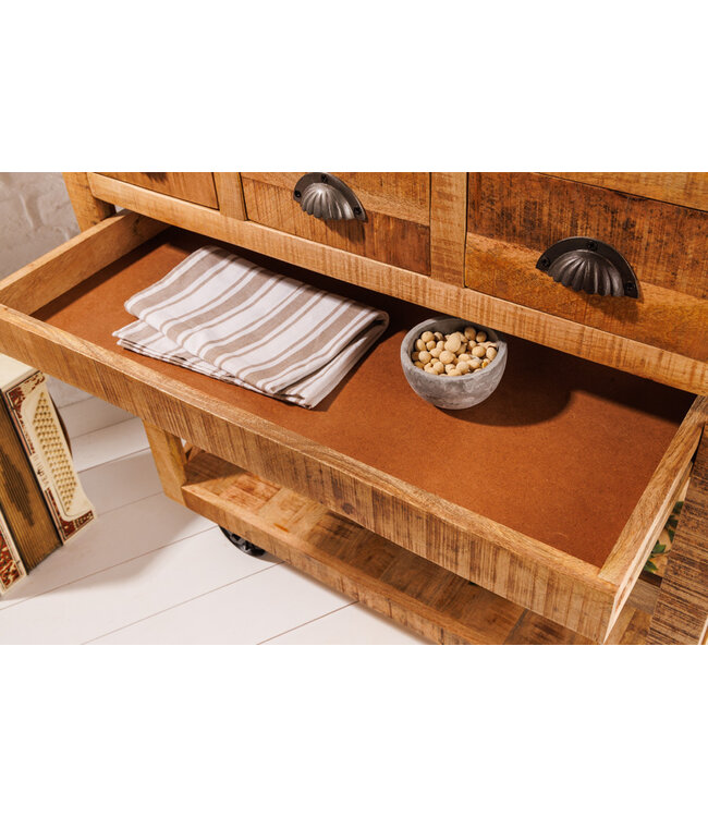 Invicta Interior Industriële barkast BODEGA 86 cm mangohouten serveerwagen met wijnrek - 42379