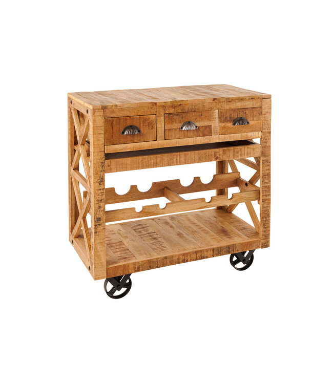 Invicta Interior Industriële barkast BODEGA 86 cm mangohouten serveerwagen met wijnrek - 42379
