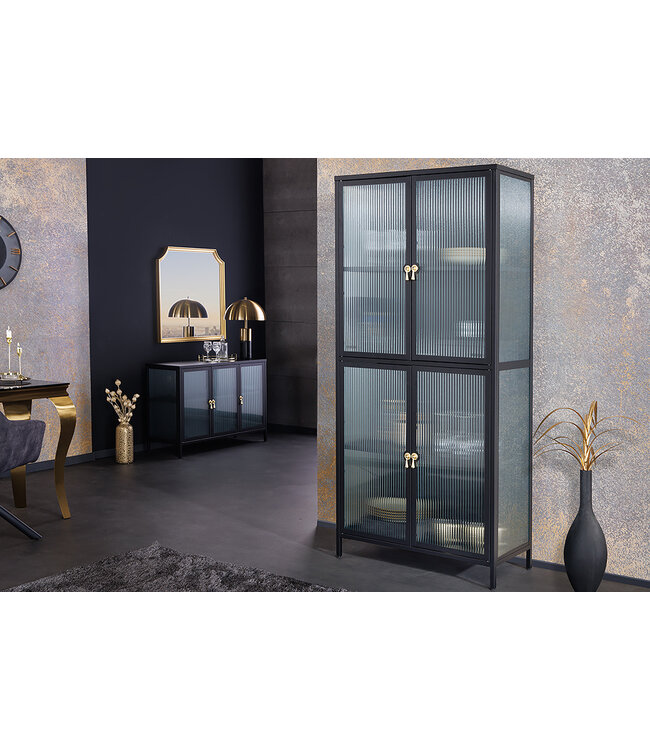 Invicta Interior Moderne vitrinekast AMSTERDAM 180 cm zwart goud dammen glazen metalen highboard kast - 43532