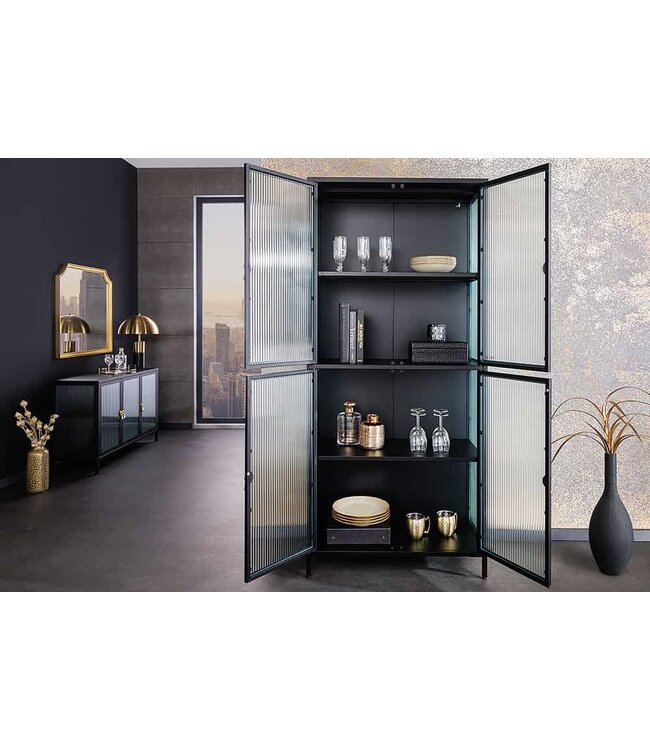 Invicta Interior Moderne vitrinekast AMSTERDAM 180 cm zwart goud dammen glazen metalen highboard kast - 43532
