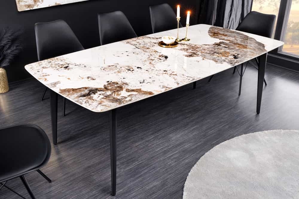 Moderne eettafel MILANO 180cm wit gemarmerd natuursteen keramiek zwart metalen poten - 44233