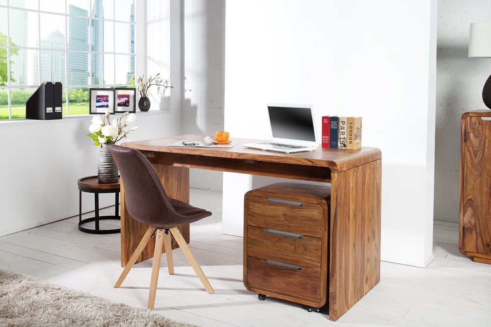 Massief houten kantoortafel CUBUS 120 cm bureau met natuursteenafwerking sheeshamhout - 43753