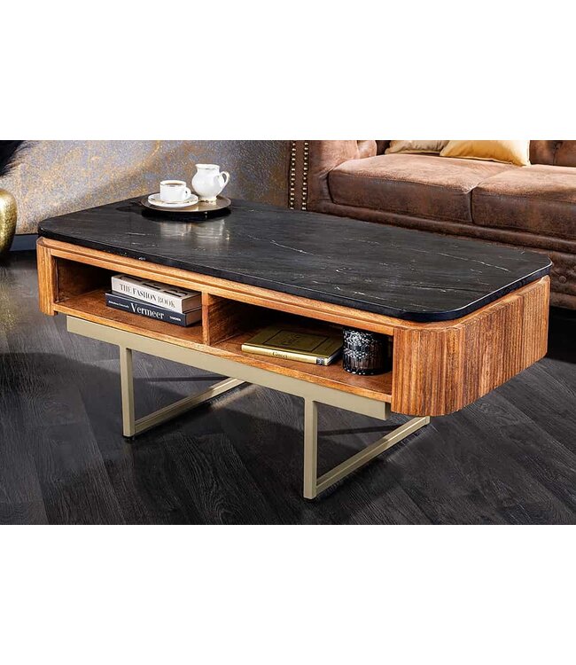 Invicta Interior Design salontafel GATSBY 110cm massief mangohout marmeren blad retro met lades goud - 43338