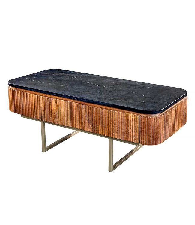 Invicta Interior Design salontafel GATSBY 110cm massief mangohout marmeren blad retro met lades goud - 43338