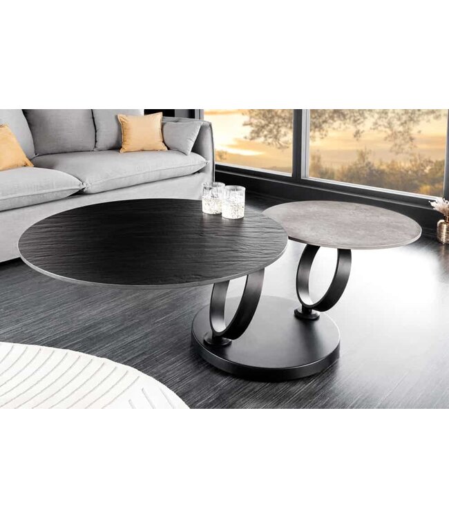 Invicta Interior Draaibare salontafel DANCING RINGS zwart grijs beton leisteen keramiek rond metalen onderstel - 44316