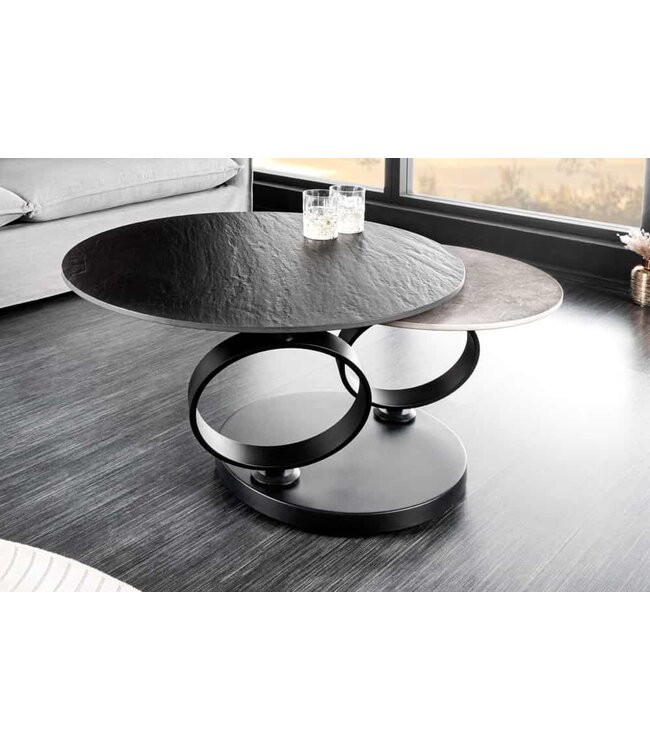 Invicta Interior Design Salontafel DANCING RINGS Zwart Grijs Rond Draaibaar Keramisch Metaal - 44316